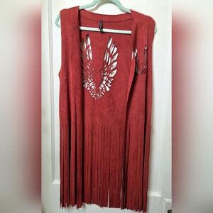 Red Faux Suede Fringe Vest with Wing Cutouts